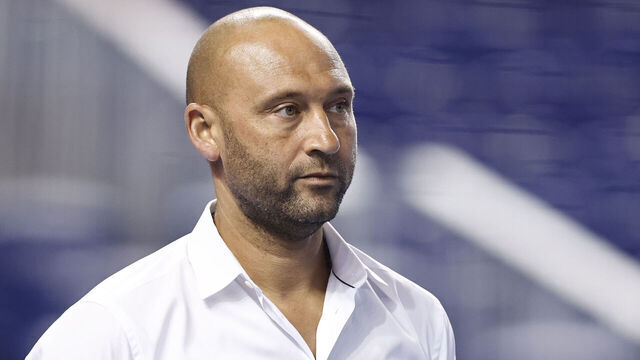 MIAMI, FLORIDA - JULY 06: CEO Derek Jeter of the Miami Marlins looks on during batting practice prior to the game against the Los Angeles Dodgers at loanDepot park on July 06, 2021 in Miami, Florida.