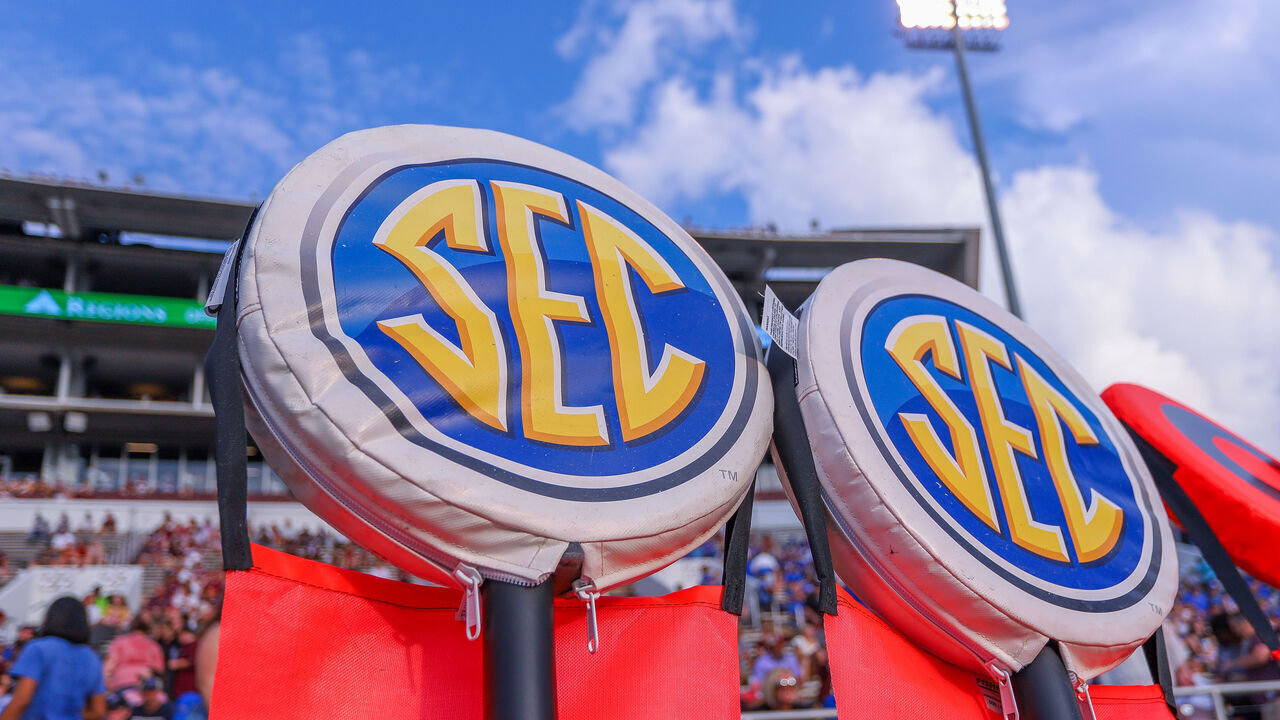 STARKVILLE, MS - SEPTEMBER 03: SEC logos on the chains before the game between the Mississippi State Bulldogs and the Memphis Tigers on September 3, 2022 at Davis Wade Stadium in Starkville, MS,