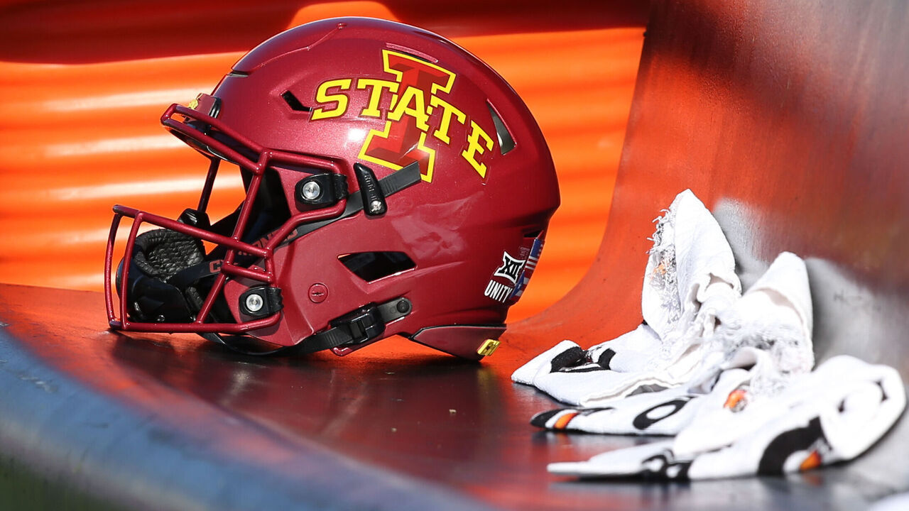 LAWRENCE, KS - OCTOBER 31: A view of an Iowa State Cyclones helmet on the bench during a Big 12 football game between the Iowa State Cyclones and Kansas Jayhawks on October 31, 2020 at Memorial Stadium in Lawrence, KS.