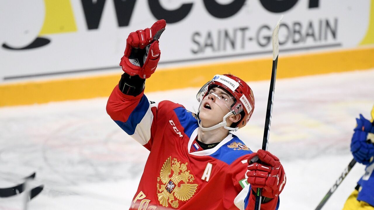 Russia's Rodion Amirov celebrates a goal during the Ice Hockey Karjala Tournament as part of the Euro Hockey Tour (EHT) season match between Sweden and Russia in Helsinki, Finland, on November 7, 2020.