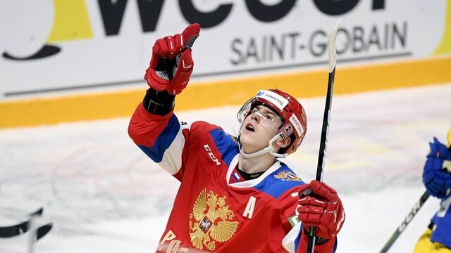 Russia's Rodion Amirov celebrates a goal during the Ice Hockey Karjala Tournament as part of the Euro Hockey Tour (EHT) season match between Sweden and Russia in Helsinki, Finland, on November 7, 2020.