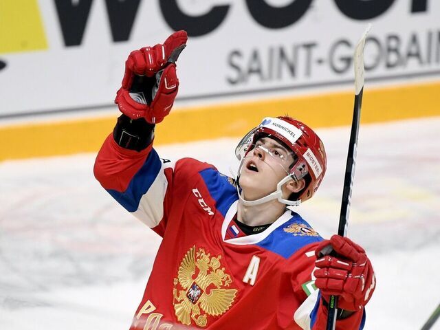 Russia's Rodion Amirov celebrates a goal during the Ice Hockey Karjala Tournament as part of the Euro Hockey Tour (EHT) season match between Sweden and Russia in Helsinki, Finland, on November 7, 2020.