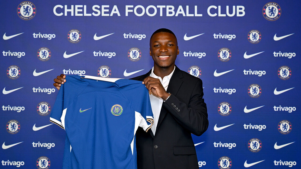 COBHAM, ENGLAND - AUGUST 14: Chelsea Unveil New Signing Moises Caicedo at Chelsea Training Ground on August 14, 2023 in Cobham, England.