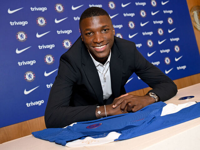 COBHAM, ENGLAND - AUGUST 14: Chelsea Unveil New Signing Moises Caicedo at Chelsea Training Ground on August 14, 2023 in Cobham, England.