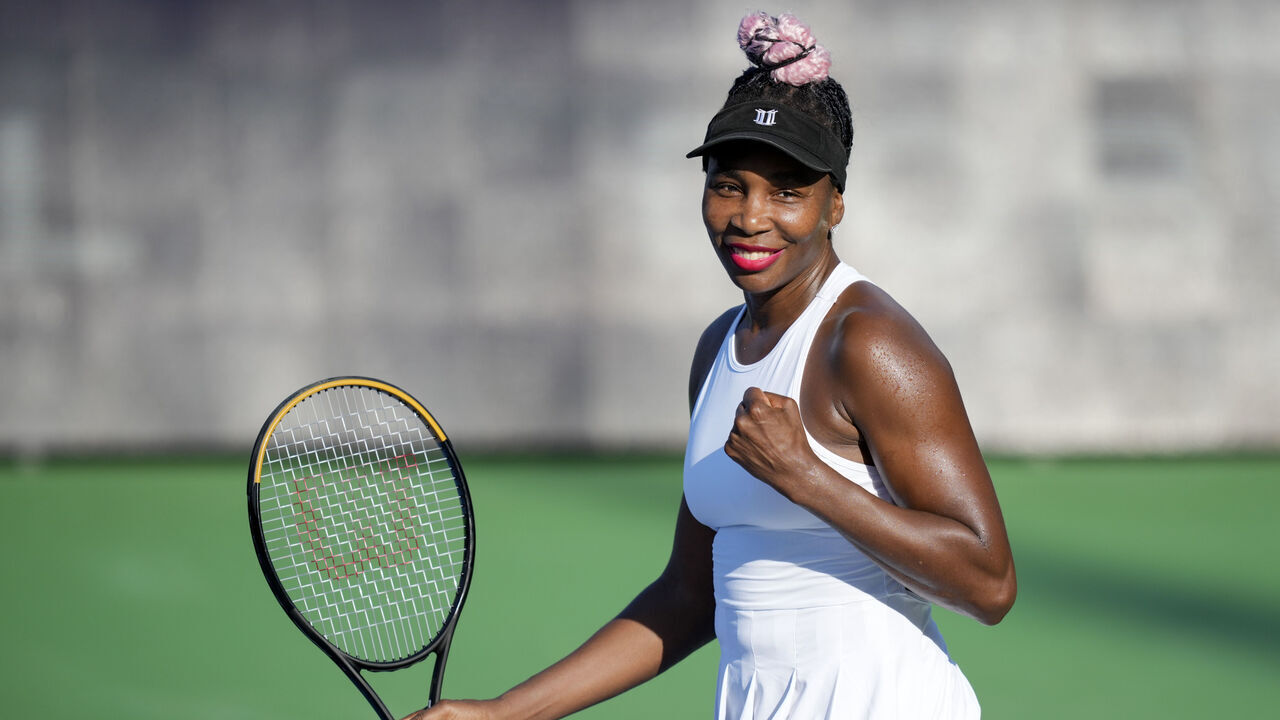 MASON, OHIO - AUGUST 14: Venus Williams of the United States celebrates winning the match point against Veronika Kudermetova of Russia during their second-round match at the Western & Southern Open at Lindner Family Tennis Center on August 14, 2023 in Mason, Ohio.