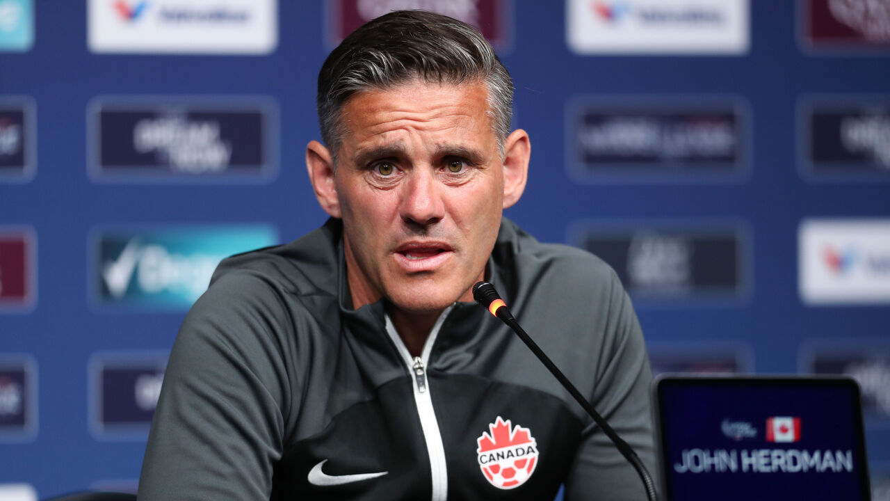 LAS VEGAS, NEVADA - JUNE 17: Canada's head coach John Herdman talks to the media during a press conference ahead of the final game against U.S. for the title of the CONCACAF Nations League, at Allegiant Stadium on June 17, 2023 in Las Vegas, Nevada.