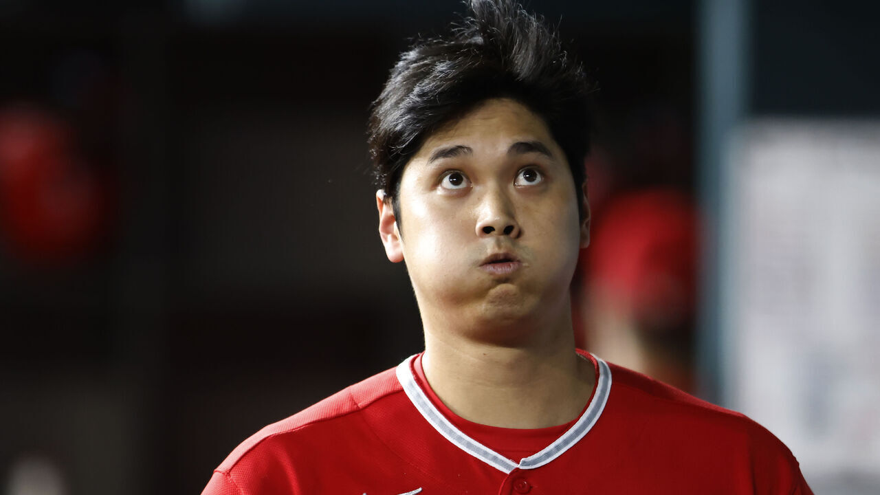 ARLINGTON, TX - AUGUST 14: Shohei Ohtani #17 of the Los Angeles Angels reacts after striking out against the Texas Rangers during the fourth inning at Globe Life Field on August 14, 2023 in Arlington, Texas.