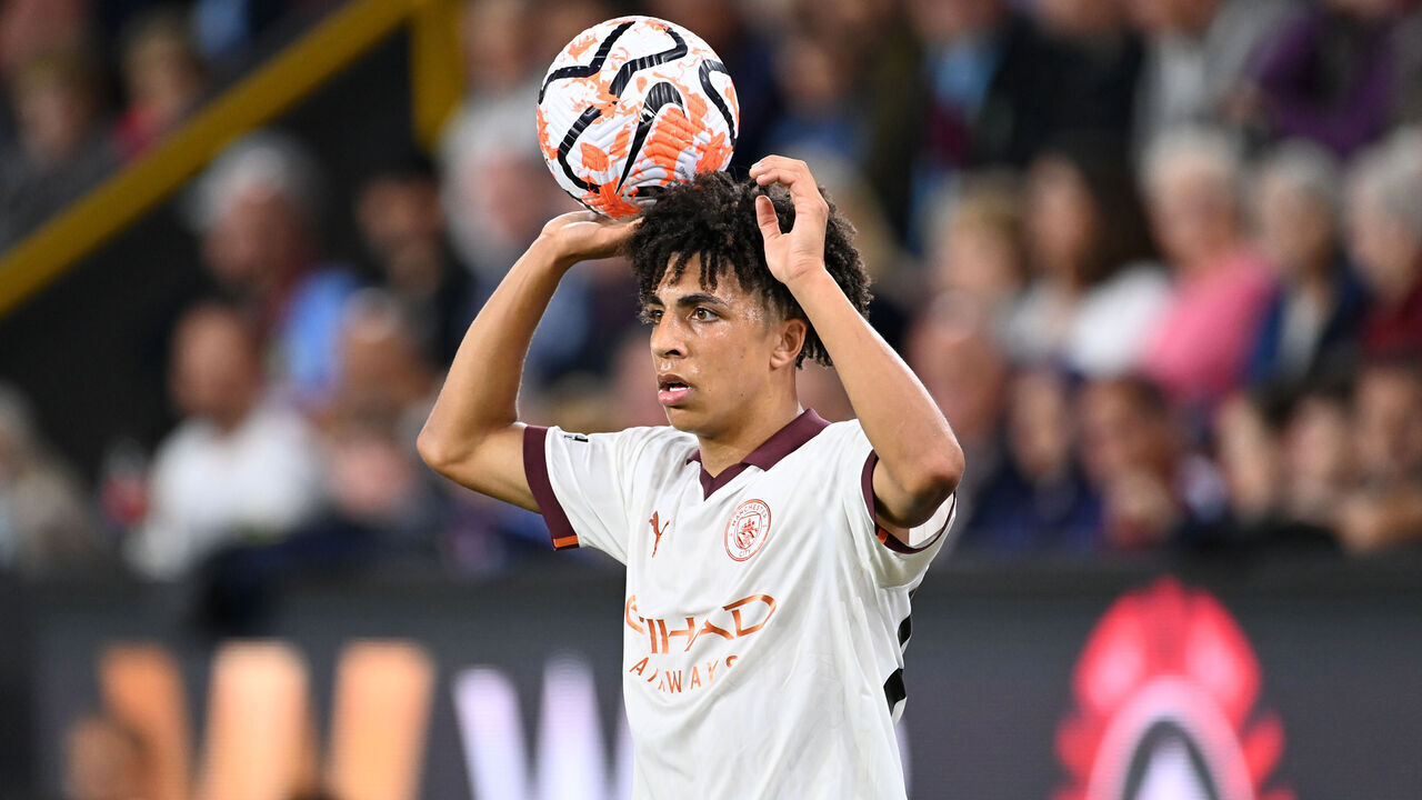 BURNLEY, ENGLAND - AUGUST 11: Rico Lewis of Manchester City takes a throw during the Premier League match between Burnley FC and Manchester City at Turf Moor on August 11, 2023 in Burnley, England.