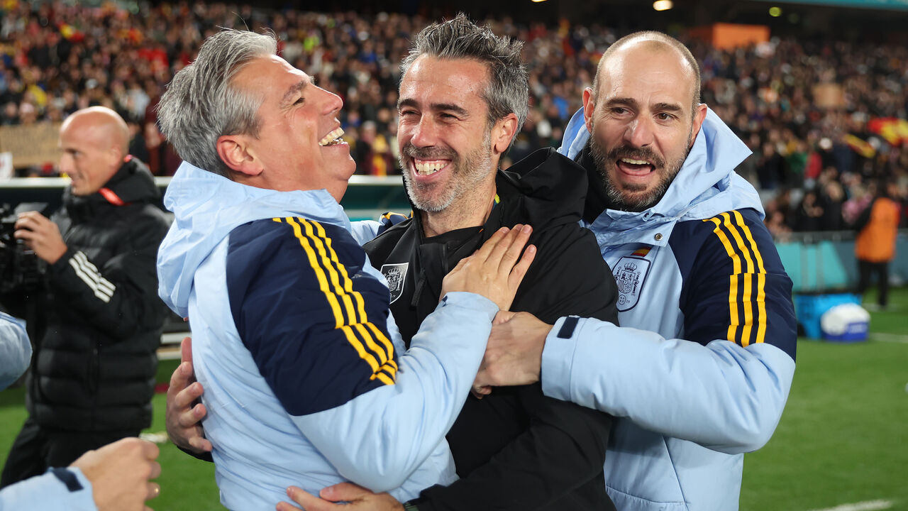 AUCKLAND, NEW ZEALAND - AUGUST 15: Jorge Vilda, Head Coach of Spain, celebrates the team’s 2-1 victory and advance to the final following the FIFA Women's World Cup Australia & New Zealand 2023 Semi Final match between Spain and Sweden at Eden Park on August 15, 2023 in Auckland / Tāmaki Makaurau, New Zealand.