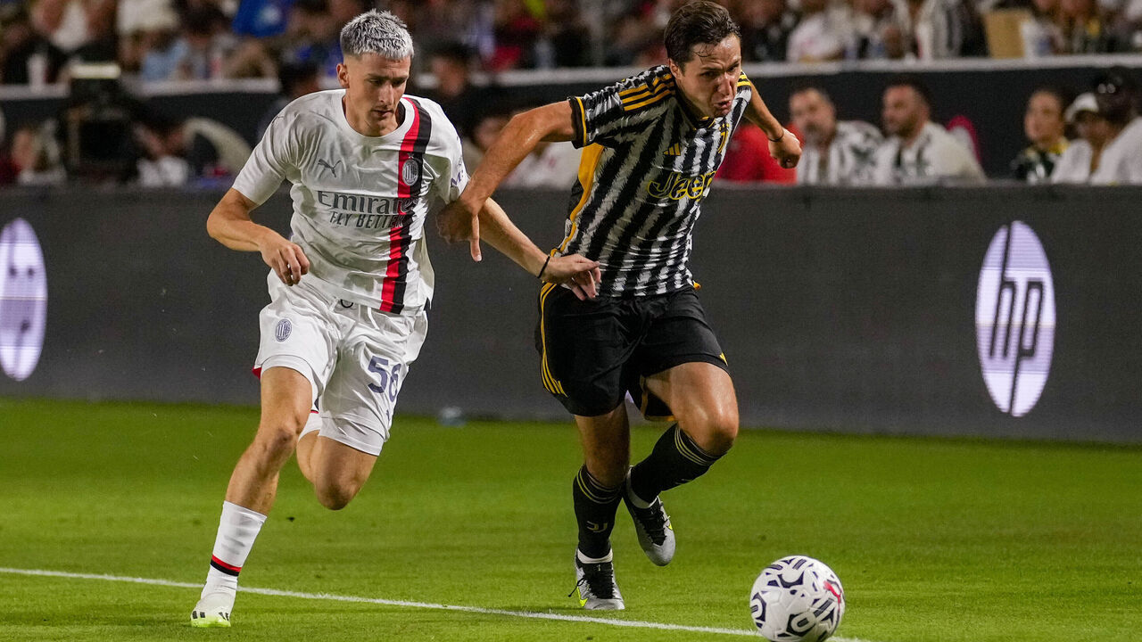CARSON, CA - JULY 27: Alexis Saelemaekers #56 of AC Milano dribbles the ball during the Pre-Season Friendly match between Juventus and AC Milano during a game between AC Milan and Juventus at Dignity Health Sports Park on July 27, 2023 in Carson, California.