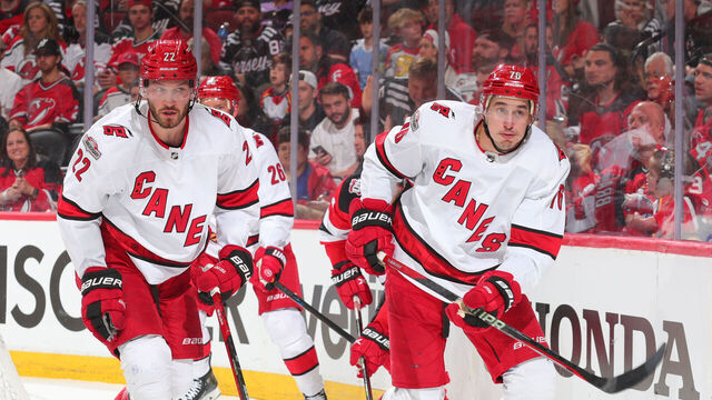 NEWARK, NJ - MAY 07: Brett Pesce #22 of the Carolina Hurricanes and Brady Skjei #76 of the Carolina Hurricanes during Game Three of the Second Round of the 2023 Stanley Cup Playoffs against the New Jersey Devils at the Prudential Center on May 7, 2023 in Newark, New Jersey.