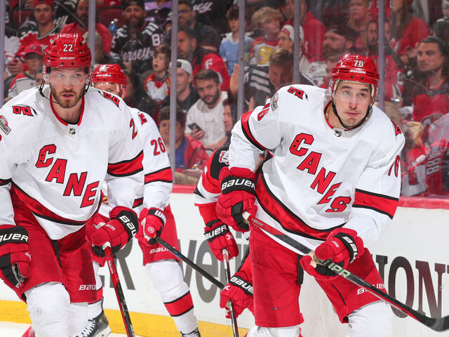 NEWARK, NJ - MAY 07: Brett Pesce #22 of the Carolina Hurricanes and Brady Skjei #76 of the Carolina Hurricanes during Game Three of the Second Round of the 2023 Stanley Cup Playoffs against the New Jersey Devils at the Prudential Center on May 7, 2023 in Newark, New Jersey.