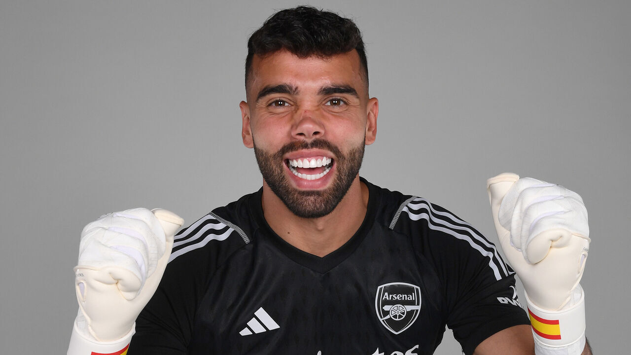 ST ALBANS, ENGLAND - AUGUST 15: Arsenal unveil new signing David Raya at London Colney on August 11, 2023 in St Albans, England.