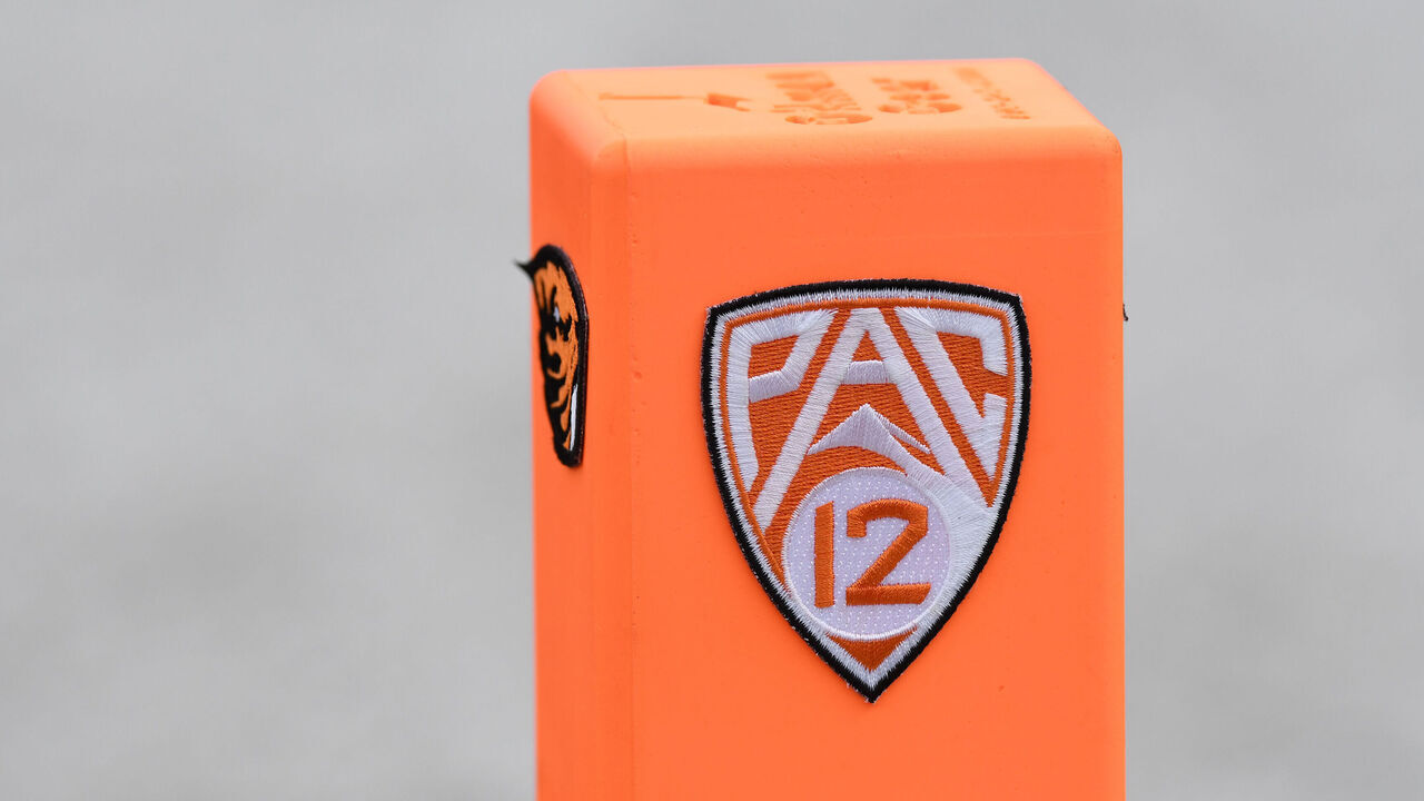 CORVALLIS, OR - NOVEMBER 13: An end zone pylon with the Pac-12 logo sits on the field during a PAC-12 conference football game between the Stanford Cardinal and Oregon State Beavers on November 13, 2021 at Reser Stadium in Corvallis, Oregon.