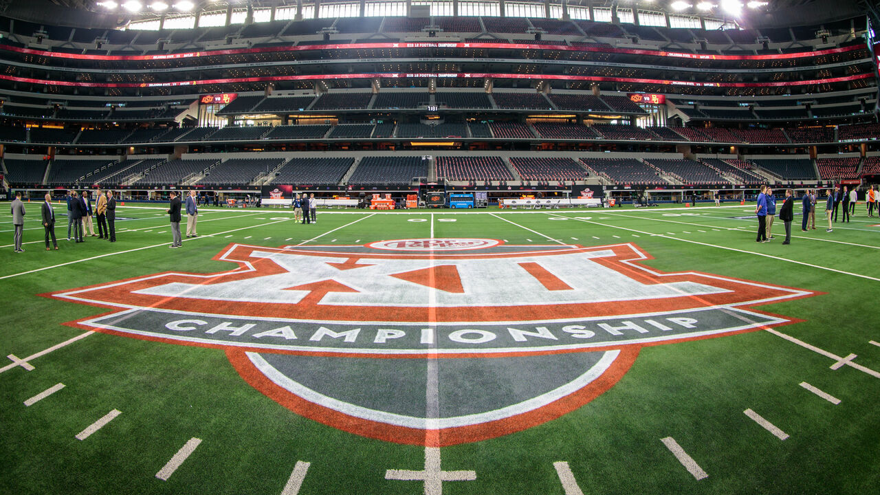 ARLINGTON, TX - DECEMBER 04: Big 12 championship logo mid field prior to the game between the Oklahoma State Cowboys and the Baylor Bears on December 4th, 2021 at ATT Stadium in Dallas Texas.