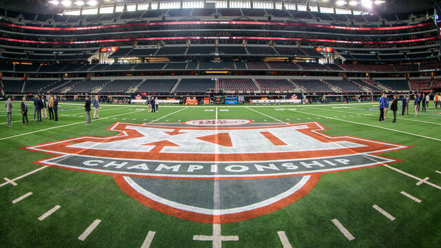 ARLINGTON, TX - DECEMBER 04: Big 12 championship logo mid field prior to the game between the Oklahoma State Cowboys and the Baylor Bears on December 4th, 2021 at ATT Stadium in Dallas Texas.