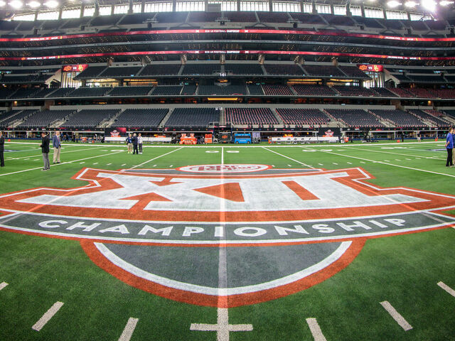 ARLINGTON, TX - DECEMBER 04: Big 12 championship logo mid field prior to the game between the Oklahoma State Cowboys and the Baylor Bears on December 4th, 2021 at ATT Stadium in Dallas Texas.