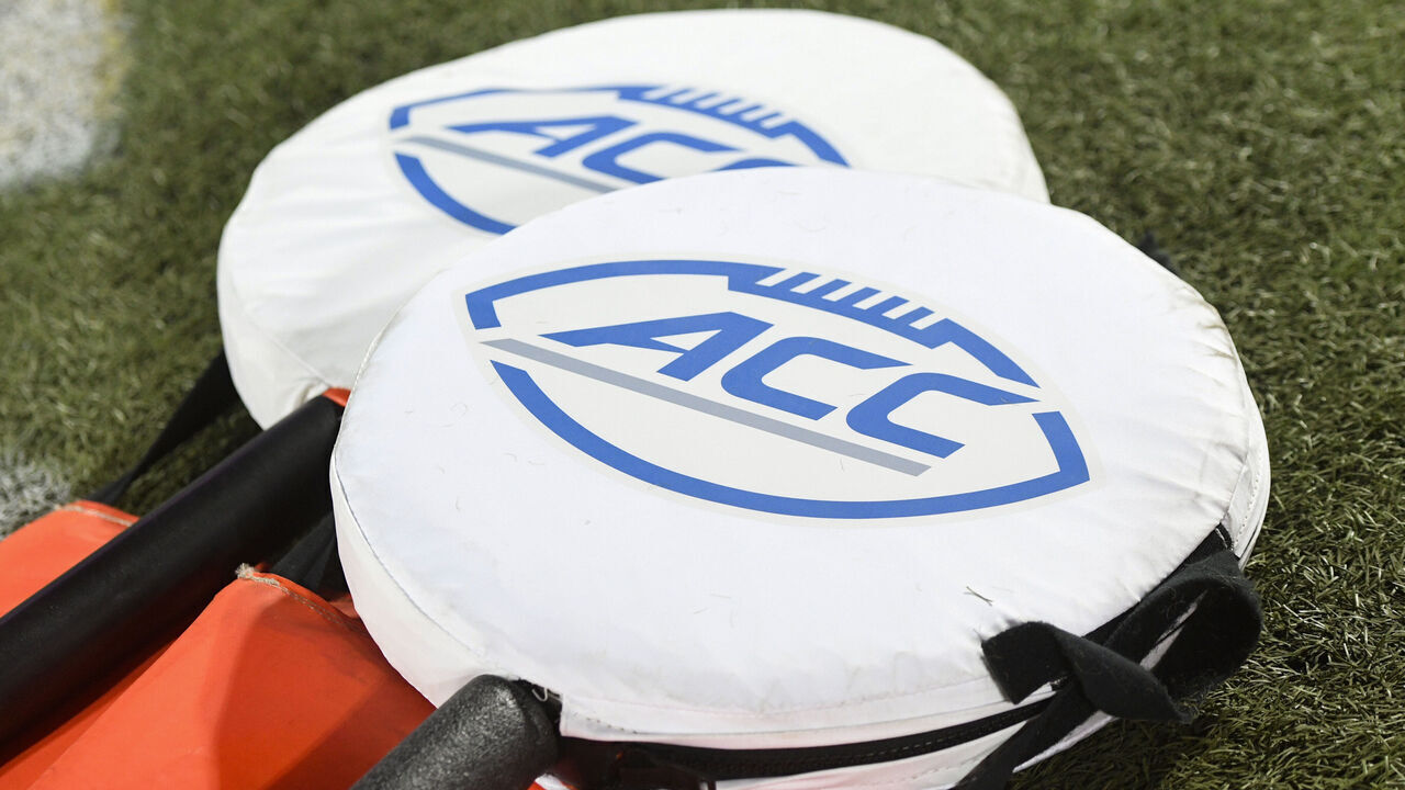 LOUISVILLE, KY - OCTOBER 22: The ACC logo is seen on down and distance markers on the sideline before the college football game between the Pittsburgh Panthers and the Louisville Cardinals on October 22, 2022, at Cardinal Stadium in Louisville, Kentucky.