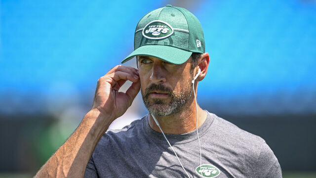 CHARLOTTE, NORTH CAROLINA - AUGUST 12: Aaron Rodgers #8 of the New York Jets is seen on the field during a preseason game against the Carolina Panthers at Bank of America Stadium on August 12, 2023 in Charlotte, North Carolina.