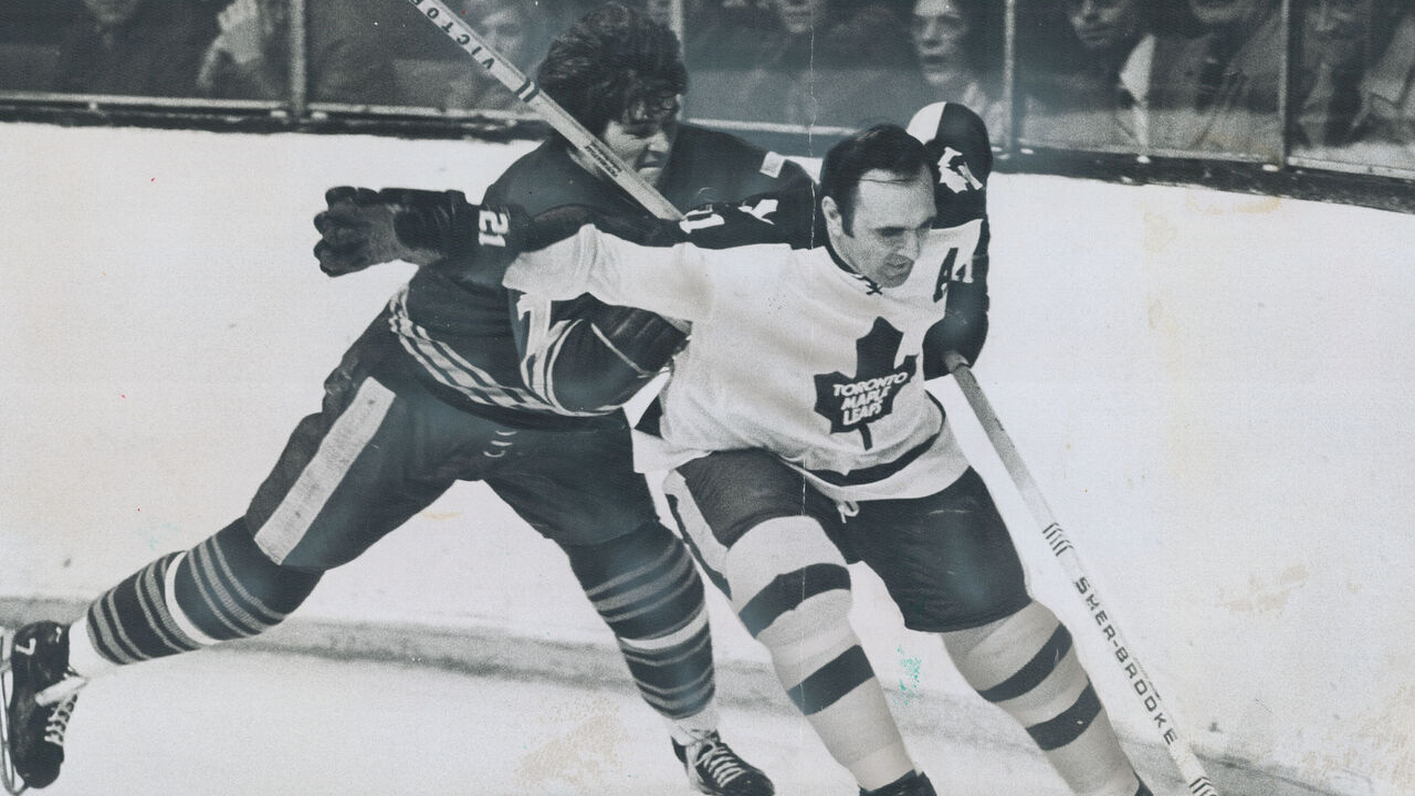 CANADA - APRIL 03: Bobby Baun (above) became a legend by playing with a broken leg, while felsty Dale Hunter (left) has scored four overtime goals in the playoffs.