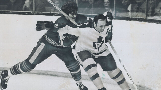 CANADA - APRIL 03: Bobby Baun (above) became a legend by playing with a broken leg, while felsty Dale Hunter (left) has scored four overtime goals in the playoffs.