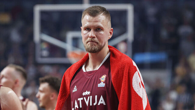 RIGA, LATVIA - AUGUST 25: Kristaps Porzingis of Latvia celebrates after the FIBA Basketball World Cup 2023 European Qualifiers second round first match between Latvia and Turkiye at the Arena Riga in Riga, Latvia on August 25, 2022.