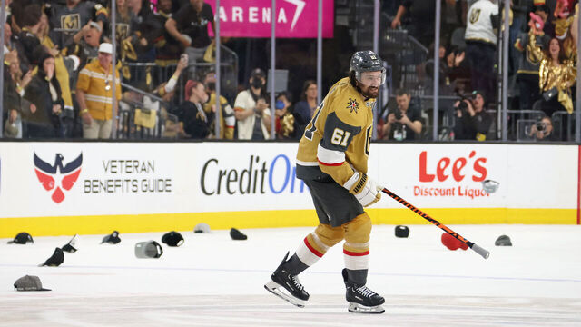 LAS VEGAS, NEVADA - JUNE 13: Mark Stone #61 of the Vegas Golden Knights celebrates his hattrick empty net goal against the Florida Panthers in Game Five of the 2023 NHL Stanley Cup Final at T-Mobile Arena on June 13, 2023 in Las Vegas, Nevada.