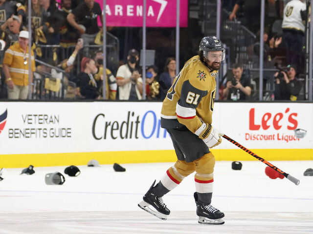 LAS VEGAS, NEVADA - JUNE 13: Mark Stone #61 of the Vegas Golden Knights celebrates his hattrick empty net goal against the Florida Panthers in Game Five of the 2023 NHL Stanley Cup Final at T-Mobile Arena on June 13, 2023 in Las Vegas, Nevada.
