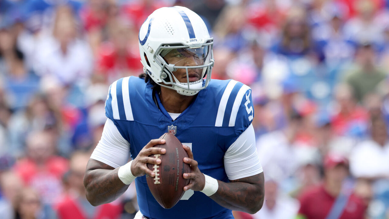 ORCHARD PARK, NEW YORK - AUGUST 12: Anthony Richardson #5 of the Indianapolis Colts looks to pass the ball during the first quarter of a preseason game against the Buffalo Bills at Highmark Stadium on August 12, 2023 in Orchard Park, New York.