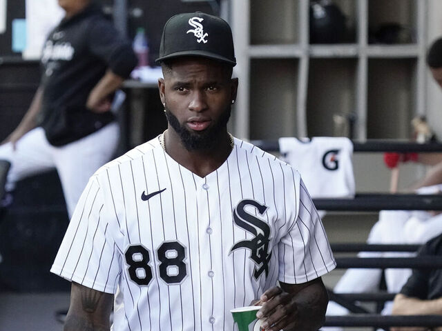 CHICAGO, ILLINOIS - AUGUST 12: Luis Robert Jr. #88 of the Chicago White Sox stands in the dugout during a game against the Milwaukee Brewers at Guaranteed Rate Field on August 12, 2023 in Chicago, Illinois.