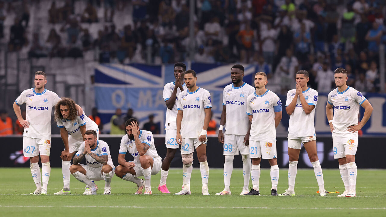 MARSEILLE, FRANCE - AUGUST 15: Olympique de Marseille players react during the penalty shoot out of the UEFA Champions League Third Qualifying Round 2nd Leg match between Olympique de Marseille and Panathinaikos FC at Stade de Marseille on August 15, 2023 in Marseille, France.
