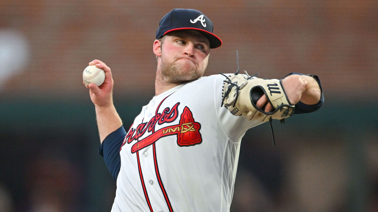ATLANTA, GA AUGUST 15: Atlanta starting pitcher Bryce Elder (55) throws a pitch during the MLB game between the New York Yankees and the Atlanta Braves on August 15th, 2023 at Truist Park in Atlanta, GA.