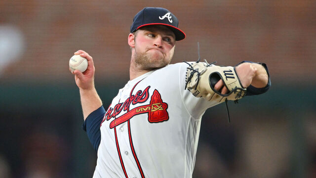 ATLANTA, GA AUGUST 15: Atlanta starting pitcher Bryce Elder (55) throws a pitch during the MLB game between the New York Yankees and the Atlanta Braves on August 15th, 2023 at Truist Park in Atlanta, GA.