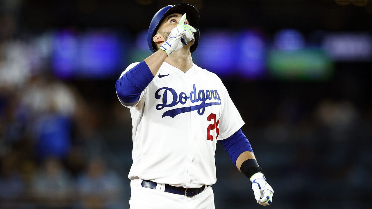 LOS ANGELES, CALIFORNIA - AUGUST 15: J.D. Martinez #28 of the Los Angeles Dodgers after driving in a run on a double against the Milwaukee Brewersin the sixth inning at Dodger Stadium on August 15, 2023 in Los Angeles, California.