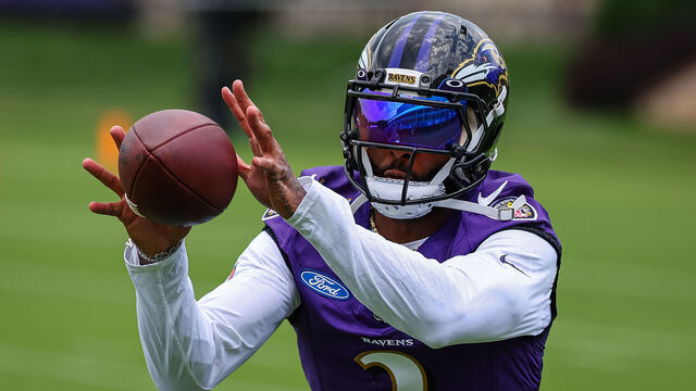 OWINGS MILLS, MD - JULY 27: Odell Beckham Jr. #3 of the Baltimore Ravens participates in a drill during training camp at Under Armour Performance Center Baltimore Ravens on July 27, 2023 in Owings Mills, Maryland.