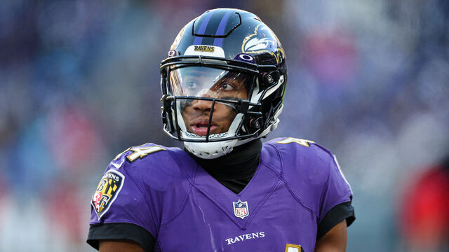 BALTIMORE, MD - NOVEMBER 20: Marlon Humphrey #44 of the Baltimore Ravens looks on against the Carolina Panthers during the second half at M&T Bank Stadium on November 20, 2022 in Baltimore, Maryland.