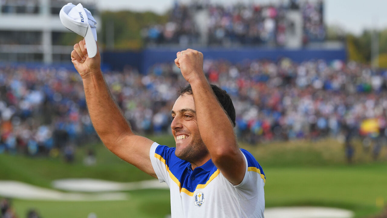 PARIS, FRANCE - SEPTEMBER 30: Francesco Molinari of Europe celebrates winning The Ryder Cup during singles matches of the 2018 Ryder Cup at Le Golf National on September 30, 2018 in Paris, France.