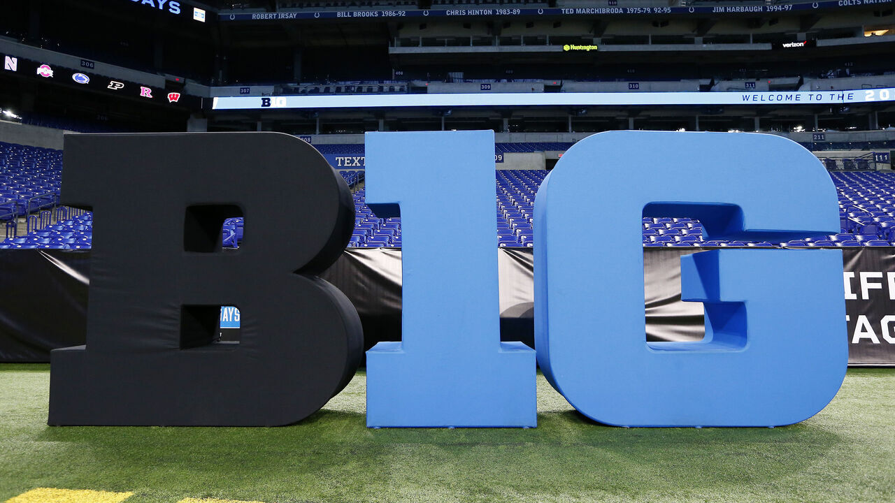 INDIANAPOLIS, IN - JULY 26: The B1G logo on display during the Big Ten Conference Media Days on July 26, 2023 at Lucas Oil Stadium in Indianapolis, IN.