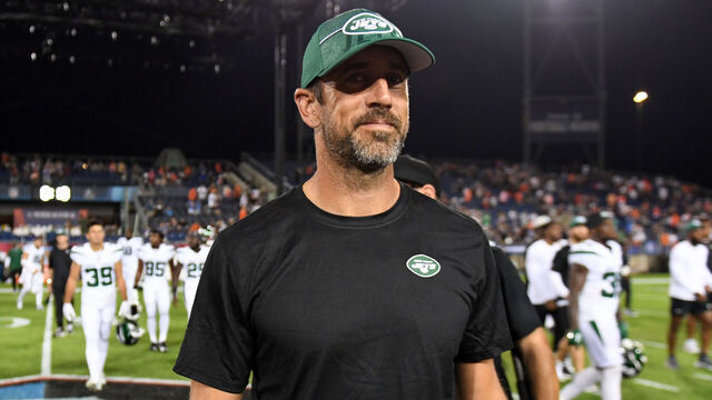 CANTON, OHIO - AUGUST 03: Aaron Rodgers #8 of the New York Jets walks off the field after the teams 21-16 loss to the Cleveland Browns in the 2023 Pro Hall of Fame Game at Tom Benson Hall Of Fame Stadium on August 03, 2023 in Canton, Ohio.
