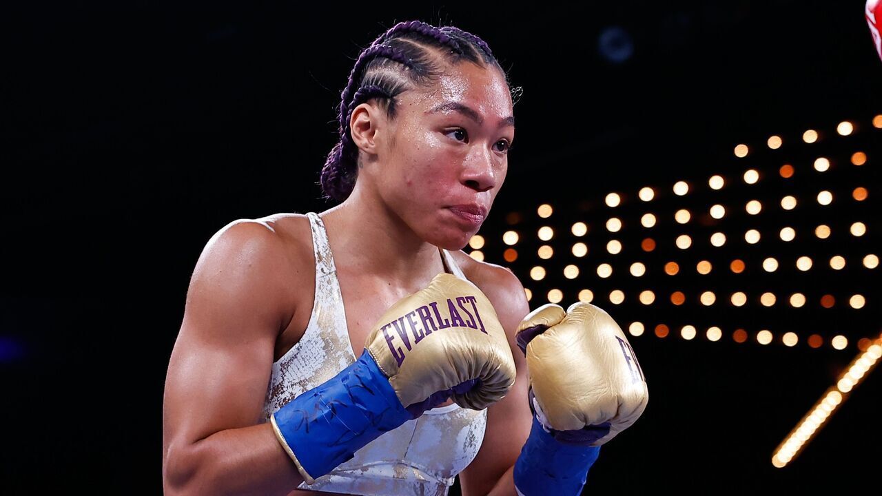 NEW YORK, NEW YORK - FEBRUARY 04: Alycia Baumgardner during her fight against Elhem Mekhaled(not pictured), during their fight for Baumgardner's WBC, WBO and IBF junior lightweight titles and the vacant WBA junior lightweight title at The Hulu Theater at Madison Square Garden on February 04, 2023 in New York City.