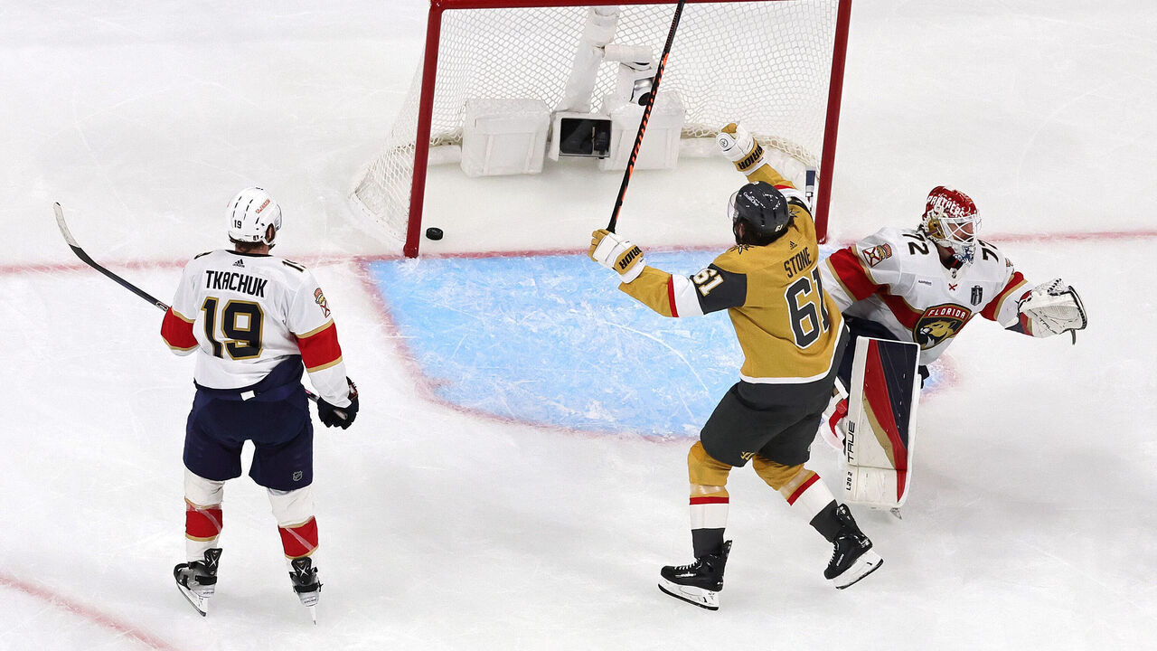 LAS VEGAS, NEVADA - JUNE 03: Mark Stone #61 of the Vegas Golden Knights celebrates after scoring a goal past Sergei Bobrovsky #72 of the Florida Panthers during the third period in Game One of the 2023 NHL Stanley Cup Final at T-Mobile Arena on June 03, 2023 in Las Vegas, Nevada.