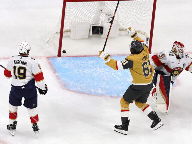 LAS VEGAS, NEVADA - JUNE 03: Mark Stone #61 of the Vegas Golden Knights celebrates after scoring a goal past Sergei Bobrovsky #72 of the Florida Panthers during the third period in Game One of the 2023 NHL Stanley Cup Final at T-Mobile Arena on June 03, 2023 in Las Vegas, Nevada.