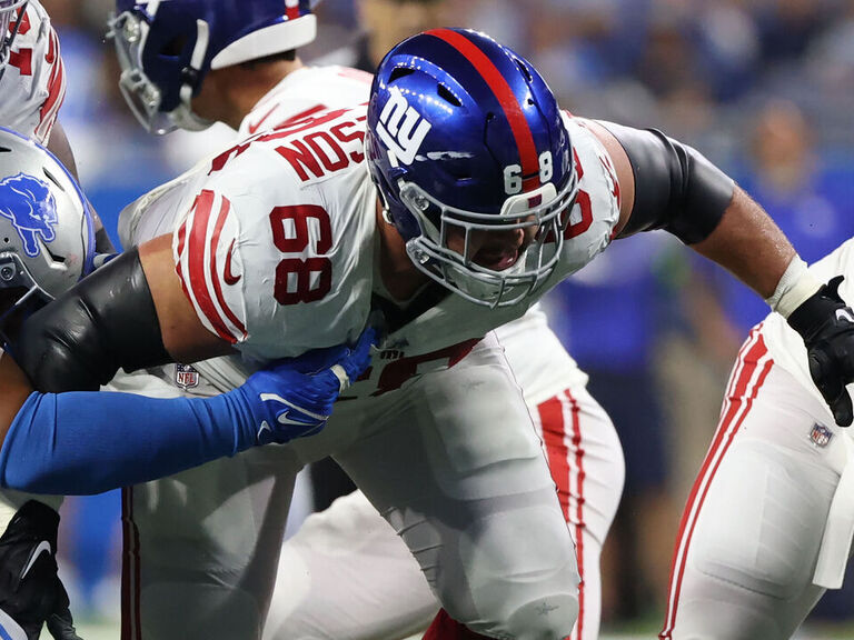 New York Giants guard Ben Bredeson (68) stands on the sideline during an  NFL football game against the Las Vegas Raiders, Sunday, Nov. 7, 2021, in  East Rutherford. N.J. The New York