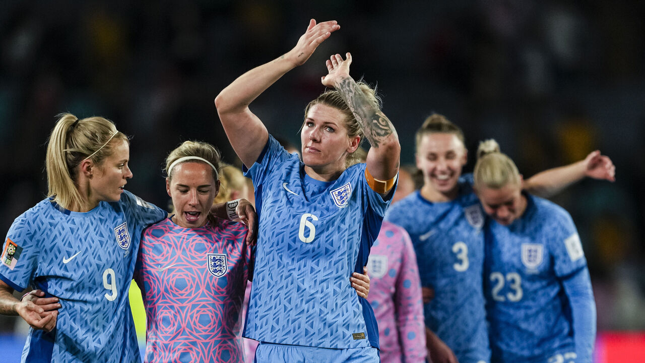 SYDNEY, AUSTRALIA - AUGUST 16: Millie Bright of England (C) celebrates with her teammates after winning Australia during the FIFA Women's World Cup Australia & New Zealand 2023 Semi Final match between Australia and England at Stadium Australia on August 16, 2023 in Sydney, Australia.