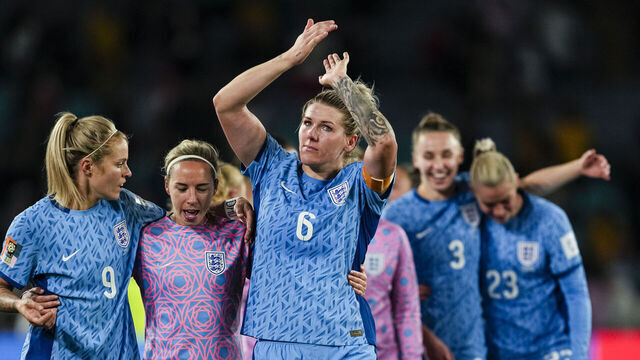 SYDNEY, AUSTRALIA - AUGUST 16: Millie Bright of England (C) celebrates with her teammates after winning Australia during the FIFA Women's World Cup Australia & New Zealand 2023 Semi Final match between Australia and England at Stadium Australia on August 16, 2023 in Sydney, Australia.