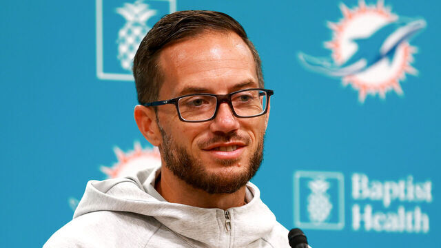 MIAMI GARDENS, FLORIDA - AUGUST 08: Head coach Mike McDaniel of the Miami Dolphins speaks to the media prior to training camp practice with the Atlanta Falcons at Baptist Health Training Complex on August 08, 2023 in Miami Gardens, Florida.