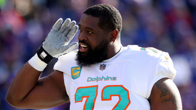 ORCHARD PARK, NEW YORK - JANUARY 15: Terron Armstead #72 of the Miami Dolphins looks on prior to a game against the Buffalo Bills in the AFC Wild Card playoff game at Highmark Stadium on January 15, 2023 in Orchard Park, New York.