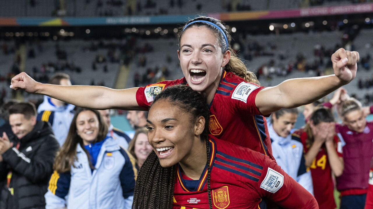 AUCKLAND, NEW ZEALAND - AUGUST 15: Aitana Bonmati and Salma Paralluelo of Spain celebrate the team’s 2-1 victory and advance to the final following the FIFA Women's World Cup Australia & New Zealand 2023 Semi Final match between Spain and Sweden at Eden Park on August 15, 2023 in Auckland, New Zealand.