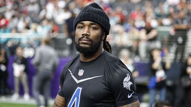 LAS VEGAS, NEVADA - FEBRUARY 05: LAS VEGAS, NEVADA - FEBRUARY 05: NFC running back Dalvin Cook #4 of the Minnesota Vikings looks on during an NFL Pro Bowl football game at Allegiant Stadium on February 05, 2023 in Las Vegas, Nevada.