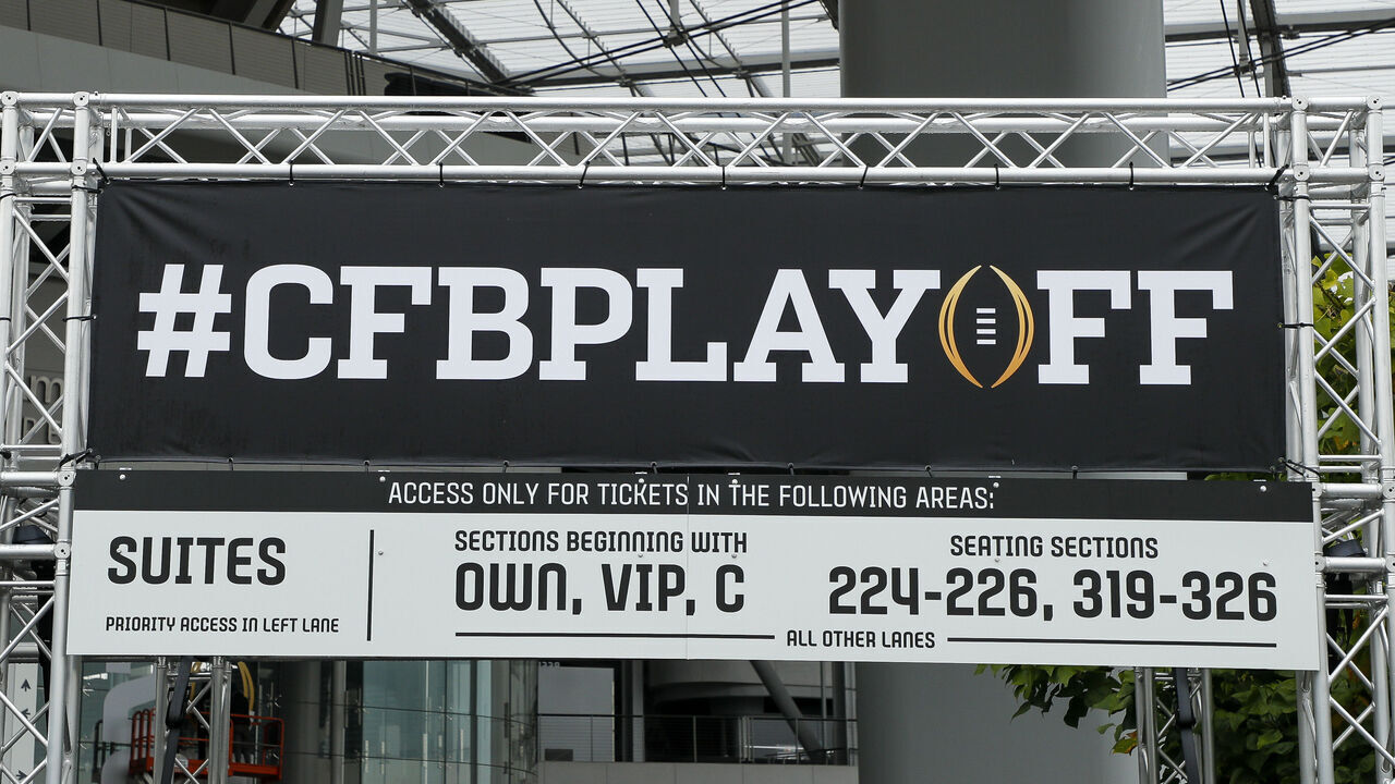 INGLEWOOD, CA - JANUARY 04: The College Football Playoff National Championship event logo is displayed during the week leading up to CFP National Championship game between the TCU Horned Frogs and the Georgia Bulldogs on January 04, 2023, at SoFi Stadium in Inglewood, CA.